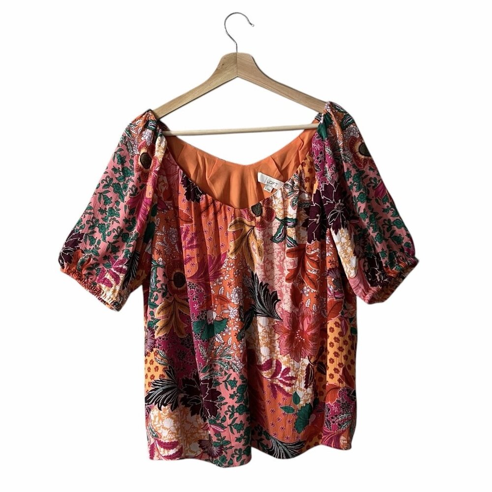 Loft Patchwork Bloom Blouse Size Medium Orange Pi… - image 2